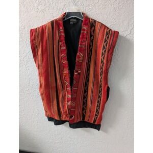 J Peterman Wool Vest L Hand Woven Morocco Red Orange Striped Boho